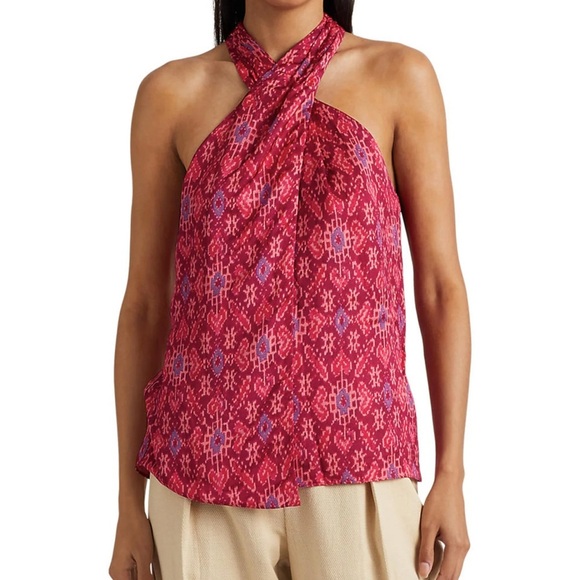 Lauren Ralph Lauren Geo-Print Shantung Halter Blouse Asymmetrical Hem Sz 1X NWT - Picture 1 of 14